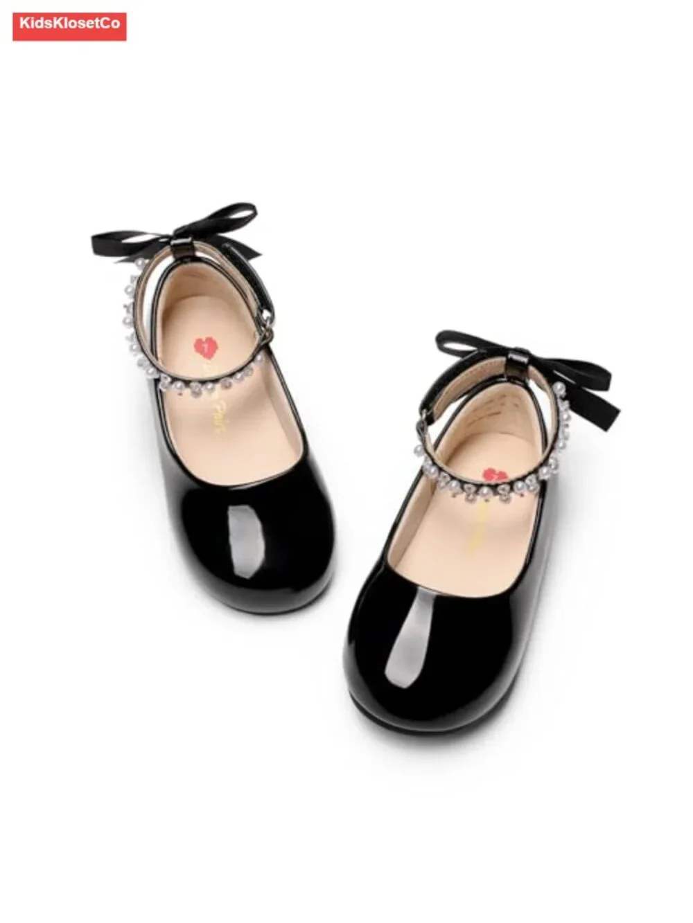 Toddler Girls Mary Jane Ballet Flat Shoes with Pearl Ankle Strap & Satin Bow